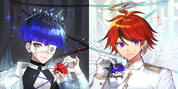 2boys :3 ahoge bandaged_arm bandages bat_wings black_hair black_shirt black_wings blue_eyes blue_hair blush_stickers bridge_piercing chin_piercing cleavage_cutout closed_eyes closed_mouth clothing_cutout commentary diamond_cutout earrings eyepatch face_piercing facepaint feathered_wings gloves hair_between_eyes halo highres holding holding_mini_person jacket jewelry lapels male_focus mini_person miniboy mismatched_earrings multicolored_hair multiple_boys notched_lapels omokage_yugamu open_clothes open_jacket open_mouth pa576 piercing pink_eyes print_eyepatch red_hair ribbon roots_(hair) sanpaku shirt short_hair single_blush_sticker sleeveless sleeveless_shirt smile spiked_halo streaked_hair sumino_takumi sweat symbol-only_commentary the_hundred_line_-last_defense_academy- two-tone_hair v-shaped_eyebrows white_gloves white_jacket white_wings wings