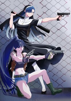 Rule 34 | 2girls, ado (utaite), ahoge, artist collaboration, baseball cap, belt, black belt, black dress, black gloves, black lagoon, black tank top, blue eyes, blue hair, blue shorts, chain-link fence, commentary request, cosplay, dress, earrings, eda (black lagoon), eda (black lagoon) (cosplay), fence, finger on trigger, fingerless gloves, gloves, gun, hair between eyes, hair over one eye, handgun, hat, highres, holding, holding gun, holding weapon, jewelry, long hair, merry (ado), midriff, multiple girls, naima (ado), nori (norinori yrl), nun, nun headdress, pantyhose, ponytail, readymade (ado), reji 4242, revy (black lagoon), revy (black lagoon) (cosplay), short sleeves, shorts, tank top, usseewa, weapon, white pantyhose
