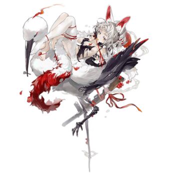 1girl animal animal_ear_fluff animal_ears asymmetrical_legwear bare_shoulders beak_hold bird black_dress black_gloves breasts chinese_new_year chinese_zodiac crane_(animal) cui_pi_zha_xia_qiu dress erma_(girls&#039;_frontline) erma_(hazy_fragrance)_(girls&#039;_frontline) erma_emp eyeliner feathers feet fingernails flower flower_request full_body fur_shawl girls&#039;_frontline gloves hair_bun half-closed_eyes highres holding holding_key holding_string key knees_up leg_tattoo lying lying_on_animal makeup medium_breasts mouth_hold no_shoes official_alternate_costume official_art on_back oversized_animal pantyhose partially_fingerless_gloves rabbit_ears red_eyeliner red_flower red_nails shawl short_hair simple_background single_leg_pantyhose sleeveless sleeveless_dress socks solo standing standing_on_one_leg string tattoo third-party_source toes torn_clothes torn_dress transparent_background turtleneck turtleneck_dress uneven_legwear white_feathers white_hair white_pantyhose white_socks year_of_the_rabbit yellow_eyes