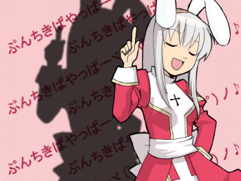 1girl 2000s_(style) :d animal_ears back_bow bow caipirinha_(meme) closed_eyes commentary_request dress fake_animal_ears grey_hair high_priest_(ragnarok_online) juliet_sleeves long_hair long_sleeves meme open_mouth puffy_sleeves rabbit_ears ragnarok_online red_dress sash sharufuto sidelocks smile solo translation_request two-tone_dress upper_body white_bow white_dress white_sash