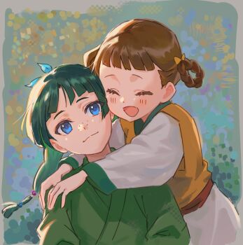 Rule 34 | 2girls, arms around neck, beads, blue eyes, blue ribbon, blunt bangs, braid, braided hair rings, brown hair, chinese clothes, closed eyes, freckles, green shirt, hair beads, hair ornament, hair ribbon, hair rings, highres, kudake9876, kusuriya no hitorigoto, light blush, maomao (kusuriya no hitorigoto), multiple girls, open mouth, ribbon, shirt, smile, upper body, xiaolan (kusuriya no hitorigoto)