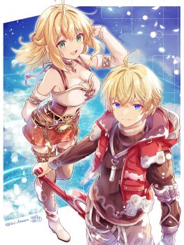 1boy 1girl bare_shoulders black_sweater blonde_hair blue_eyes breasts brown_thighhighs character_request cleavage cowboy_shot fiora_(xenoblade) full_body green_eyes highres hood hooded_jacket jacket long_hair medium_breasts miniskirt monado red_jacket short_hair shulk_(xenoblade) skirt sleeveless sleeveless_jacket standing sweater thighhighs ui_frara xenoblade_chronicles_(series) xenoblade_chronicles_1