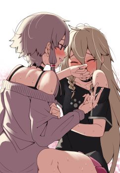 2girls after_fingering black_choker black_shirt blonde_hair blush choker closed_eyes commentary english_commentary highres ia_(vocaloid) multiple_girls n0_image off-shoulder_shirt off-shoulder_sweater off_shoulder purple_eyes purple_hair purple_sweater pussy_juice pussy_juice_on_fingers shirt simple_background sweat sweater twintails vocaloid white_background yuri yuzuki_yukari