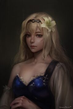 1girl daniel_deng flower granblue_fantasy hair_flower hair_ornament hairband jeanne_d&#039;arc_(granblue_fantasy) lily_(flower) realistic single_bare_shoulder solo upper_body