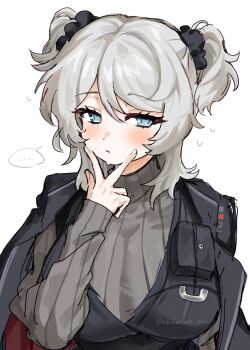 ... 1girl alternate_hairstyle black_jacket blue_eyes blush breasts eyelashes faust_(project_moon) grey_hair grey_sweater hair_between_eyes highres jacket large_breasts lcb_uniform_(project_moon) limbus_company looking_at_viewer medium_hair project_moon ro/ku simple_background solo spoken_ellipsis sweater turtleneck turtleneck_sweater two_side_up upper_body white_background