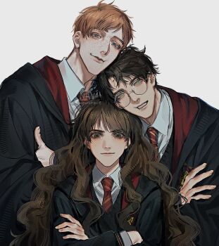 1girl 2boys artist_name black_hair black_robe black_sweater blue_eyes brown_eyes brown_hair cheek_squash collared_shirt commentary crossed_arms diagonal-striped_clothes diagonal-striped_necktie dress_shirt english_commentary eyelashes freckles glasses green_eyes grin gryffindor hair_over_shoulder harry_potter harry_potter_(series) head_tilt heads_together height_difference hermione_granger highres hogwarts_school_uniform kuxxuro leaning_to_the_side light_smile lips long_hair long_sleeves looking_at_viewer messy_hair multiple_boys necktie red_hair red_necktie red_robe robe ron_weasley round_eyewear scar scar_on_face scar_on_forehead school_emblem school_uniform serious shirt signature simple_background smile smug straight-on striped_clothes striped_necktie sweater thick_eyebrows twitter_username two-sided_fabric two-tone_robe upper_body v-neck wavy_hair white_background white_shirt wizarding_world yellow_necktie
