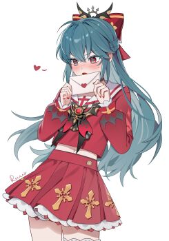 1girl absurdres bianca_(black_survival) bianca_(transfer_student)_(black_survival) black_choker black_survival blue_hair blush bow choker cowboy_shot cross-shaped_pupils embarrassed envelope eternal_return:_black_survival hair_bow half_updo hands_up heart highres letter long_hair long_sleeves love_letter midriff nail_polish navel nose_blush open_mouth pleated_skirt red_eyes red_nails red_serafuku red_shirt red_skirt sailor_collar school_uniform serafuku shirt shirt_overhang simple_background skirt solo symbol-shaped_pupils tianqing_mw v-shaped_eyebrows white_background white_sailor_collar