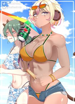 2girls abs absurdres animal_ears bikini black_eyes blonde_hair blue_sky bracelet breasts can cleavage cow_ears cow_girl cow_horns crelly crelly_(crelly_3.0) cyborg dark-skinned_female dark_skin drink_can drinking drinking_straw eyewear_on_head floral_print floral_print_bikini food green_hair highres horns indie_virtual_youtuber jewelry koko_d._nuts large_breasts long_hair matt_estrela mechanical_arms mole mole_on_breast monkey_ears monkey_girl monkey_tail multicolored_hair multiple_girls navel open_clothes open_fly open_mouth open_shorts outdoors parasol pink_eyes pink_hair popsicle print_bikini scar scar_across_eye scar_on_face short_hair short_shorts shorts single_mechanical_arm sky soda_can sunglasses sweat swimsuit tail tan tanline thighs umbrella virtual_youtuber yellow_bikini