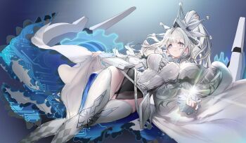 1girl absurdres blush boots breasts commentary_request dress duel_monster full_body gradient_hair grey_eyes grey_hair hashtag-only_commentary highres long_sleeves looking_at_viewer maliss_<q>_white_binder medium_breasts multicolored_hair parted_lips puffy_long_sleeves puffy_sleeves sidelocks simple_background smile solo sword thighhighs weapon white_boots white_dress white_thighhighs white_tiara xblhh yu-gi-oh!