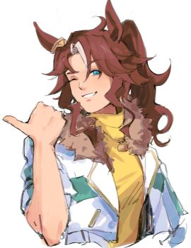 Rule 34 | 1girl, animal ears, blue eyes, blue hair, breasts, brown hair, ear ornament, fur-trimmed jacket, fur trim, grin, hair between eyes, highres, horse ears, horse girl, jacket, long hair, looking at viewer, mejiro palmer (line breakthrough) (umamusume), mejiro palmer (umamusume), multicolored hair, one eye closed, open mouth, ponytail, shirt, simple background, smile, solo, streaked hair, tapeanna, umamusume, upper body, white background, white hair, white jacket, yellow shirt