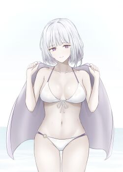 1girl absurdres alternate_costume arms_up bare_shoulders bikini breasts closed_mouth collarbone feet_out_of_frame girls&#039;_frontline highres looking_at_viewer medium_breasts medium_hair navel purple_eyes rpk-16_(girls&#039;_frontline) smile solo standing swimsuit white_background white_bikini white_hair woon
