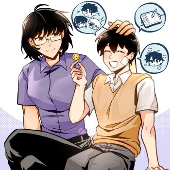 1boy 1girl areuwuu black_eyes black_hair candy chibi chibi_inset closed_eyes collared_shirt crossed_legs feet_out_of_frame food glasses grin han_sooyoung hand_on_another&#039;s_head highres holding holding_candy holding_food holding_lollipop kim_dokja kim_namwoon lee_hyunsung lee_jihye lollipop looking_at_another oldest_dream omniscient_reader&#039;s_viewpoint purple_shirt shirt short_hair sitting smile spoken_character vest white_shirt yellow_vest yoo_joonghyuk