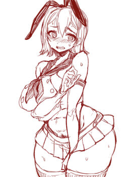 1girl akitsu_maru_(kancolle) alternate_costume animal_ears black_hair black_neckerchief blue_sailor_collar blue_skirt blush breasts cosplay cowboy_shot datto_3 elbow_gloves embarrassed female_pubic_hair gloves kantai_collection kneehighs large_breasts looking_at_viewer medium_hair microskirt monochrome navel neckerchief off_shoulder open_mouth panties pleated_skirt pubic_hair rabbit_ears sailor_collar school_uniform serafuku shimakaze_(kancolle) shimakaze_(kancolle)_(cosplay) simple_background skirt socks solo string_panties sweat thick_thighs thighs underwear white_background white_gloves white_serafuku wide_hips