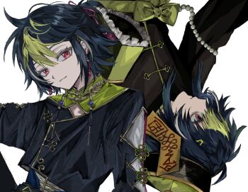 Rule 34 | 2boys, 94z4woxtl, black hair, black jacket, chinese clothes, cropped jacket, dual persona, earrings, expressionless, frilled sleeves, frills, green hair, hashtag-only commentary, hat, highres, inami rai, jacket, jewelry, jiangshi, light smile, looking at viewer, male focus, multicolored hair, multiple boys, nijisanji, ofuda, qingdai guanmao, red eyes, rotational symmetry, short hair, simple background, tassel, tassel earrings, two-tone hair, virtual youtuber, white background