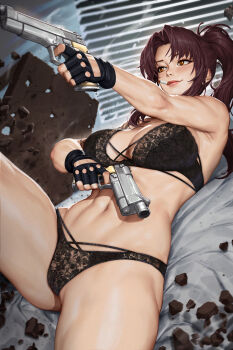 1girl beretta_92 black_bra black_gloves black_lagoon black_panties bra breasts brown_eyes brown_hair bullet_hole cigarette commentary dual_wielding english_commentary fingerless_gloves gloves gun handgun highres holding lips long_hair midriff mixed-language_commentary navel neoartcore paid_reward_available panties patreon_username ponytail revy_(black_lagoon) shadow smoke smoking solo thai_commentary underwear weapon