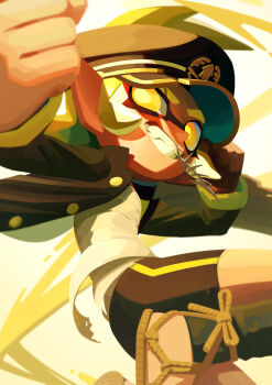 1other absurdres androgynous arm_up armor bandaged_torso bike_shorts black_hat black_jacket black_shorts blurry brown_sandals buttons clenched_hands depth_of_field eyebrow_cut fang feet_out_of_frame fish_skeleton floating_clothes foreshortening glowing_pupils gradient_background grin gums hand_up hat highres jacket japanese_armor knee_up long_sleeves looking_to_the_side loose_bandages mouth_hold nintendo odonkikun open_clothes open_jacket other_focus outstretched_arm peaked_cap pointy_ears sandals shorts single_vertical_stripe smile solo splatoon_(series) splatoon_3 suneate thick_eyebrows turning_around waraji white_background yellow_eyes yellow_pupils