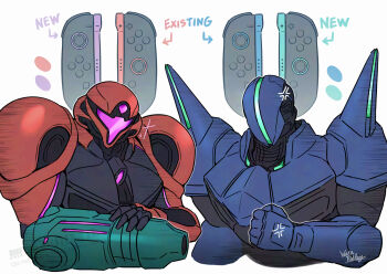1boy 1girl anger_vein arm_cannon armor artist_name assault_visor clenched_hand commentary_request helmet joy-con_2 metroid metroid_prime_4:_beyond neon_trim nintendo pink_visor power_armor power_suit_(metroid) red_helmet samus_aran shoulder_armor shoulder_spikes spikes sylux_(metroid) vi-o-la_suit wakaba_(wata_ridley) weapon white_background