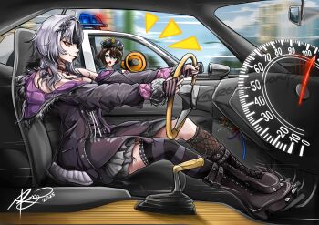 Rule 34 | 2girls, black boots, black choker, black coat, black dress, black hair, black nails, black thighhighs, blue eyes, boots, breasts, brown hair, car, car interior, choker, cleavage, closed mouth, coat, commentary, commission, dress, driving, english commentary, fur-trimmed coat, fur trim, grey hair, hat, highres, hololive, hololive english, hololive grand theft auto, jewelry, large breasts, long hair, megaphone, motor vehicle, multicolored hair, multiple girls, notice lines, oozora subaru, police, police car, police hat, police uniform, policewoman, ribbon, ring, shiori novella, shiori novella (1st costume), single thighhigh, split-color hair, striped clothes, striped thighhighs, thighhighs, tosaworks, two-tone hair, virtual youtuber, white ribbon, yellow eyes, yorick (shiori novella)