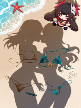 2girls absurdres beach bikini blue_bikini commentary dressed_shadow_(meme) eidis_scarlet english_commentary firefly_(honkai:_star_rail) from_above highres honkai:_star_rail honkai_(series) implied_after_fingering implied_kiss implied_nudity long_hair meme multiple_girls outdoors pov_shadow shadow shore sparkle_(doll)_(honkai:_star_rail) starfish stelle_(honkai:_star_rail) swimsuit trailblazer_(honkai:_star_rail) unworn_bikini water yellow_bikini yuri