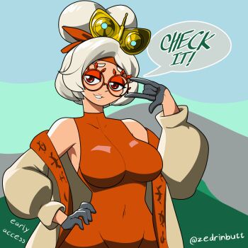 1girl animated animated_gif bodysuit bouncing_breasts breast_expansion breasts covered_navel eyeshadow female_focus glasses gloves highres inverted_nipples large_breasts looking_at_viewer makeup nintendo purah red_eyes short_hair skindentation solo the_legend_of_zelda the_legend_of_zelda:_tears_of_the_kingdom upper_body white_hair zedrin