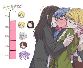 &gt;_&lt; 6+girls absurdres asahi_rokka bang_dream! belt black_jacket black_sweater blonde_hair blue_hair blush brown_hair cardigan closed_mouth commentary english_commentary english_text fang full-face_blush girl_sandwich green_cardigan green_eyes grey_hair grin heart highres holding_another&#039;s_wrist jacket kiss kiss_meter_(meme) kissing_cheek kurata_mashiro long_hair luvechaee meme multiple_girls open_mouth purple_eyes purple_hair sandwiched sato_masuki shirt short_hair smile sweater swimsuit toyama_asuka twintails udagawa_ako wakana_rei white_background white_shirt yuri