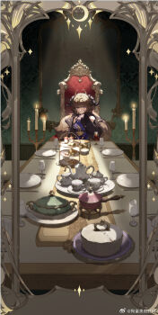 1girl alcohol bare_shoulders black_dress black_horns black_jacket blue_dress blunt_bangs broken_mirror brown_hair cake candelabra candle candlestand chair chinese_commentary closed_mouth cooking_pot cup dining_room dress drinking_glass expressionless food fork fur-trimmed_jacket fur_trim gou_fu_gui_wang_wang_wang hair_ornament hand_to_own_mouth hand_up horns indoors jacket long_sleeves looking_at_viewer mirror off_shoulder pitcher_(container) plate project_soul purple_eyes red_wine saucer short_hair sitting sleeveless sleeveless_dress sleeves_past_wrists solo spread_legs table table_knife tea_set teacup teapot tiered_tray two-tone_dress upper_body wallpaper_(object) watermark weibo_watermark wine wine_glass