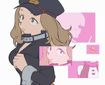 1girl black_bodysuit blonde_hair bodysuit boku_no_hero_academia breasts brown_eyes catsuit collar hat highres large_breasts latex latex_bodysuit long_hair long_sleeves looking_at_viewer nununanu open_bodysuit open_clothes partially_unzipped peaked_cap simple_background skin_tight solo superhero_costume toga_himiko uraraka_ochako utsushimi_kemii white_background wrist_cuffs