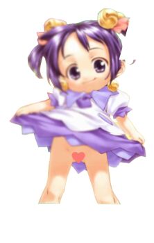 1girl artist_request bell censored chibi closed_mouth commentary cropped_legs dress english_commentary gluteal_fold hair_bell hair_ornament heart heart_censor loli looking_at_viewer original purple_eyes purple_hair short_sleeves simple_background smile solo source_request white_background