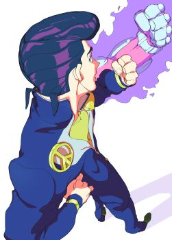 1boy absurdres clenched_hand commentary crazy_diamond from_above gakuran higashikata_josuke highres ishioka_kiyoshi jojo_no_kimyou_na_bouken peace_symbol pompadour school_uniform shadow short_hair simple_background solo stand_(jojo) white_background