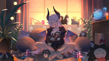 1girl absurdres ahoge animal black_horns black_nails can candle chain closed_eyes cross curtains drink_can hair_between_eyes highres horns indie_virtual_youtuber long_sleeves low_wings maplesights nintendo_switch open_mouth plant pointy_ears potted_plant prot0type7 second-party_source shadow shoes sitting smile soda_can virtual_youtuber white_shoes window wings