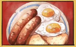 Rule 34 | bread, bread slice, breakfast, egg, egg (food), food, food focus, meat, no humans, original, plate, sausage, steam, toast, vins-mousseux