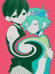 Rule 34 | 2boys, antenna hair, aqua flower, aqua hair, aqua overalls, aqua rose, bare arms, bare shoulders, basil (headspace) (omori), basil (omori), black eyes, black tank top, blue flower, child, closed eyes, closed mouth, colored skin, distortion, flower, flower wreath, green shirt, hair behind ear, hair between eyes, hair flaps, hand on another&#039;s back, highres, leaf, looking at viewer, male focus, multiple boys, no pupils, omori, omori (omori), pants, purple flower, purple rose, red background, rose, shirt, short sleeves, sidelocks, simple background, striped clothes, striped pants, swirl, tank top, upper body, vertical-striped clothes, vertical-striped pants, white pants, white skin, zero (sleepy meltan)