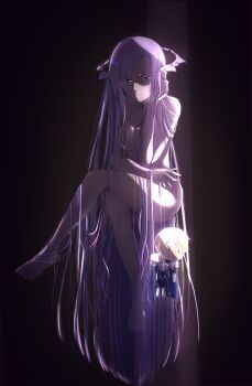 1girl armor black_background blonde_hair breasts character_doll commentary completely_nude crossed_legs doll english_commentary eugeo gr8xdat hair_ornament hand_in_own_hair highres invisible_chair large_breasts long_hair looking_at_viewer nude puppet_strings purple_eyes purple_hair quinella short_hair sitting smile sword_art_online sword_art_online:_alicization very_long_hair