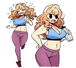 Rule 34 | 1girl, black eyes, bottle, bouncing breasts, breasts, cleavage, closed eyes, commentary, curly hair, dripping, english commentary, exercising, eyelashes, flying sweatdrops, freckles, hand on own hip, highres, ida (murgoten), jogging, large breasts, long hair, looking to the side, mole, mole on breast, motion lines, multiple views, murgoten, navel, open mouth, original, pants, running, shoes, simple background, solo, sports bra, sportswear, steam, stomach, sweat, track pants, water bottle, white background, wide hips