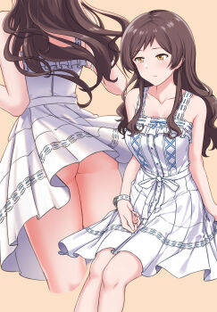 1girl absurdres aki_(aoirowings) ass brown_background brown_hair closed_mouth collarbone dress highres idolmaster idolmaster_million_live! kitazawa_shiho long_hair multiple_views no_panties official_alternate_costume pure_onepiece_(idolmaster) simple_background sitting sleeveless sleeveless_dress upskirt white_dress yellow_eyes