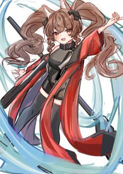 Rule 34 | 1girl, :d, absurdres, angelina (arknights), animal ear fluff, animal ears, arknights, arknights: endfield, bare shoulders, barurun pen, black thighhighs, brown hair, coat, commentary, covered navel, dress, dutch angle, fox ears, fox girl, gilberta (arknights), grey dress, hand up, headpiece, high collar, highres, holding, holding staff, impossible clothes, impossible dress, long hair, looking at viewer, no gloves, off shoulder, open clothes, open coat, open mouth, orange eyes, originium arts (arknights), red coat, short dress, simple background, sleeveless, sleeveless dress, smile, solo, staff, thighhighs, twintails, white background, zettai ryouiki