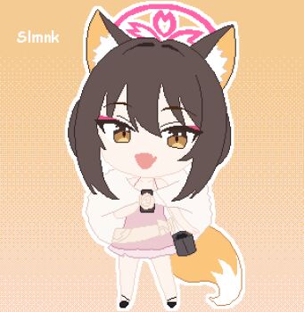 1girl :d absurdres animal_ear_fluff animal_ears blue_archive brown_eyes brown_hair capelet chibi chibi_only choppy_bangs dress eyeliner fang fox_ears fox_girl fox_tail full_body fur_capelet halo hashtag-only_commentary highres izuna_(blue_archive) izuna_(dress)_(blue_archive) long_hair looking_at_viewer makeup official_alternate_costume open_mouth outline pink_dress pink_eyeliner pink_halo pixel_art skin_fang slmnk10124 smile solo tail white_outline yellow_background