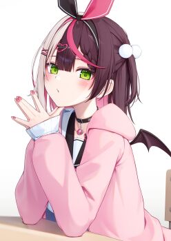 1girl absurdres bell belt_collar black_choker black_ribbon black_sailor_collar blush braid braided_bangs brown_hair choker collar collarbone demon_wings elbow_rest fingernails green_eyes hair_ornament hair_ribbon hairclip heart heart_hair_ornament highres hood hoodie long_hair long_sleeves looking_at_viewer multicolored_hair nail_polish neck_bell nyan_(reinyan_007) original own_hands_together paw_ornament pink_hair pink_hoodie pink_nails pink_ribbon pom_pom_(clothes) pom_pom_hair_ornament ribbon sailor_collar school_uniform serafuku simple_background sitting sleeves_past_wrists solo split-color_hair streaked_hair two_side_up white_background white_hair white_serafuku wings