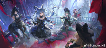 3d_background 5girls absurdres animal_ears arknights bang_dream! bang_dream!_it&#039;s_mygo!!!!! bare_shoulders black_dress black_gloves black_thighhighs blonde_hair blue_hair bonnet breasts checkered_floor commentary curled_horns dress gloves green_hair hair_ornament hat highres horns indoors jewelry long_hair medium_breasts misumi_uika misumi_uika_(caged_singer) multiple_girls official_alternate_costume pantyhose pink_hair purple_hair red_carpet ribbon stairs symbol-only_commentary thighhighs togawa_sakiko togawa_sakiko_(master_of_melodia) very_long_hair wakaba_mutsumi wakaba_mutsumi_(marionette&#039;s_id) watermark weibo_watermark wrist_cuffs yahata_umiri yahata_umiri_(moonlight_executioner) yellow_eyes yuutenji_nyamu yuutenji_nyamu_(magician_of_passion) zombie_ke
