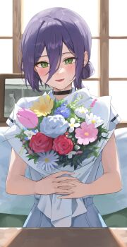 1girl absurdres black_choker black_hair blush bouquet chainsaw_man choker collared_shirt commentary crying crying_with_eyes_open dawon flower green_eyes hair_between_eyes hair_bun highres holding holding_bouquet indoors long_hair_between_eyes looking_at_viewer open_mouth reze_(chainsaw_man) shirt short_hair short_sleeves solo streaming_tears tears upper_body white_shirt