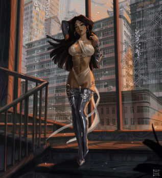 1girl architecture arm_up artist_name black_hair breasts building cleavage_cutout clothing_cutout commentary earrings east_asian_architecture english_commentary from_below gluteal_fold head_tilt highleg highres hoop_earrings indoors jewelry large_breasts long_hair marvel marvel_rivals paid_reward_available parted_lips psylocke psylocke_(vengeance) skyscraper solo stairs superhero_costume tatti_art thigh_gap thighhighs variant_set window x-men