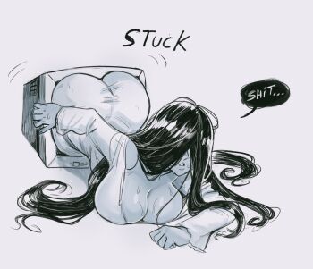 1girl ass black_hair breasts colored_skin commentary covered_eyes crawling crt dress english_commentary english_text grey_skin hair_over_eyes highres huge_ass inconvenient_ass insouwu large_breasts long_hair nervous_sweating profanity solo speech_bubble stuck sweat the_ring through_medium through_screen white_dress yamamura_sadako