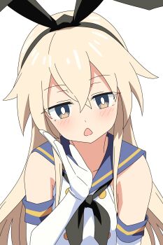 1girl baasaku_(balasaku24) black_bow black_hairband black_neckerchief blonde_hair blue_sailor_collar blush bow bright_pupils brown_eyes buttons elbow_gloves gloves hair_between_eyes hair_bow hairband hand_up head_tilt highres kantai_collection long_hair looking_at_viewer neckerchief sailor_collar shimakaze_(kancolle) shirt simple_background sleeveless sleeveless_shirt solo triangle_mouth upper_body white_background white_gloves white_pupils white_shirt