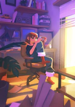 1girl black_eyes blue_pants brown_hair chair computer desk_lamp fujiwara_yoshito handheld_game_console highres indoors lamp medium_hair monitor nintendo_switch original pants plant playing_games potted_plant red_socks rug shadow shelf sidelighting sitting sleeves_pushed_up socks solo sunlight swivel_chair window window_blinds