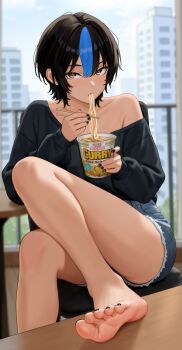 1girl absurdres bare_legs barefoot black_hair black_nails black_sweater blue_hair brown_eyes chair chopsticks collarbone commentary_request cup cutoffs denim denim_shorts eating elbow_rest feet feet_on_table food_in_mouth foot_focus footrest hair_between_eyes highres holding holding_chopsticks holding_cup instant_cup_noodles instant_noodles knee_up looking_at_viewer nail_polish nihu nissin_cup_noodle nissin_cup_noodle_curry on_chair original shiragi_(nihu) short_hair short_shorts shorts single_bare_shoulder single_hair_streak single_off_shoulder sitting soles solo sweater sweater_tucked_in thighs toenail_polish toenails toes