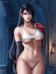 Rule 34 | 1girl, black gloves, black hair, black panties, bottomless, breasts, brown eyes, eye contact, final fantasy, final fantasy vii, final fantasy vii remake, flowerxl, gauntlets, gloves, hair ornament, hip focus, large breasts, lips, long hair, looking at another, looking at viewer, panties, pussy, red gloves, shirt, smile, solo, standing, thighs, tifa lockhart, underboob, underwear, white shirt