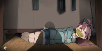 Rule 34 | 10s, 1girl, bad deviantart id, bad id, bdsm, blush, bondage, bound, cable tie, captured, closet, crotch rope, crying, female focus, gag, gagged, hair ribbon, hood, hoodie, humiliation, improvised gag, long hair, mahou shoujo madoka magica, mahou shoujo madoka magica (anime), ponytail, red eyes, red hair, ribbon, rope, sakura kyoko, shadow, sharpffffff, shorts, solo, tape, tape gag, tears