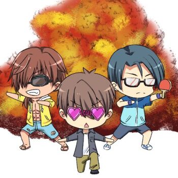 Rule 34 | >:(, 3boys, abs, antenna hair, bespectacled, black-framed eyewear, black hair, black shirt, black shorts, blue shirt, brown hair, chibi, chibi only, closed mouth, commentary, explosion, facing viewer, fang, full body, glasses, goggles, grin, hair between eyes, heart, heart-shaped eyewear, holding table tennis paddle, jacket, kanou tenzen, lowres, male focus, medium hair, mitani ryouichi, mu-chu, multiple boys, on one knee, open clothes, open jacket, open shirt, paddle, pink-framed eyewear, pink-tinted eyewear, semi-rimless eyewear, shirt, short hair, short sleeves, shorts, simple background, smile, split mouth, summer pockets, sunglasses, swim goggles, table tennis paddle, takahara hairi, tinted eyewear, triangle mouth, v-shaped eyebrows, white background, yellow jacket