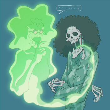 Rule 34 | 1boy, afro, black hair, blue background, brook (one piece), commentary request, crossed arms, male focus, one piece, round eyewear, simple background, skeleton, smile, sunglasses, tomatop