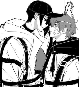1boy 1girl against_wall annoyed asymmetrical_bangs baseball_cap choker diagonal_bangs ear_piercing earrings expressionless eye_contact eyepatch from_side greyscale hair_between_eyes hair_over_one_eye hand_on_wall hat highres hood jewelry kajiyama_fuuta looking_at_another looking_down looking_up mdjhn medical_eyepatch milgram monochrome one_eye_covered parted_lips piercing pixie_cut restraints rook_piercing short_hair standing straight_hair straitjacket upper_body very_short_hair white_background yuzuriha_kotoko